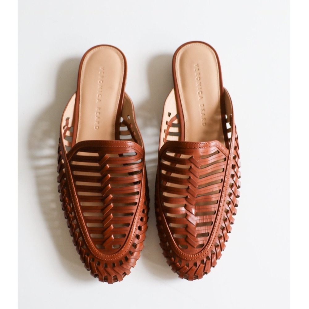 Veronica Beard Albani Woven Leather Mules in Brown Size 8